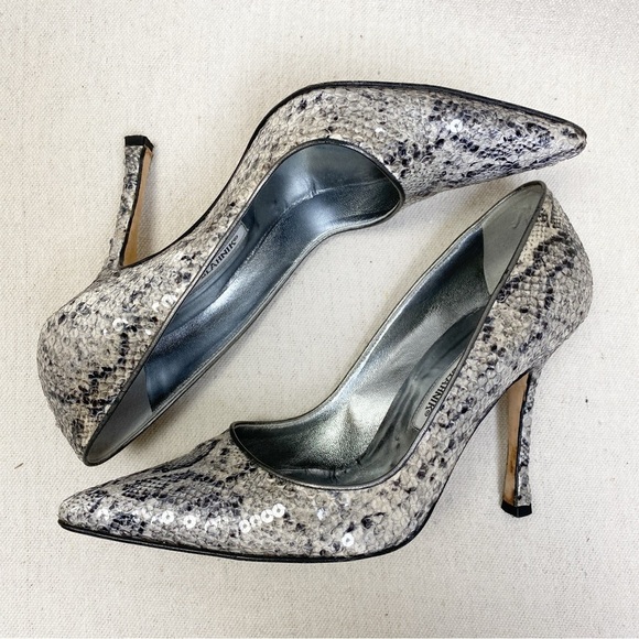 Manolo Blahnik snake print sequin pointy toe pumps 37 - Picture 1 of 12